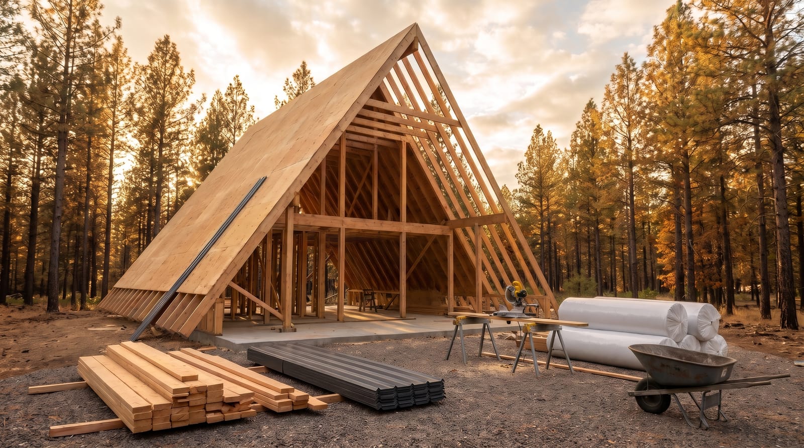 A-frame house under construction in a pine forest: the timber frame on its concrete slab, half sheathed in plywood, with stacks of lumber, metal roof panels and insulation rolls in front