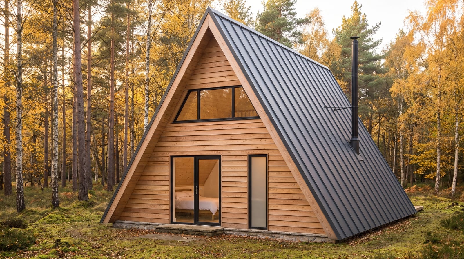 Back of the A frame house in an autumn forest: horizontal timber cladding, a glazed door into the bedroom, a tall frosted window and a wide loft window under the peak