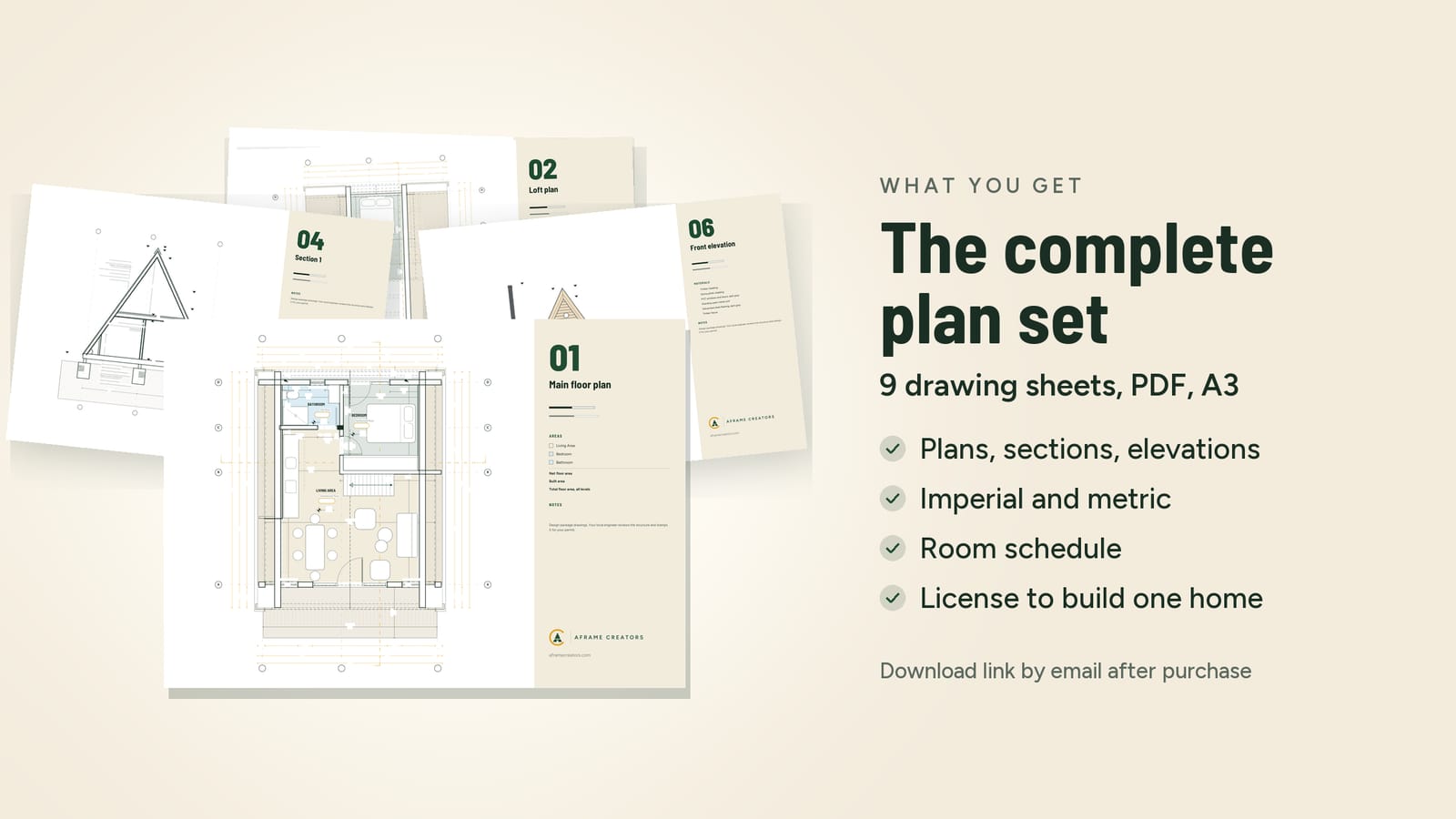 The A2603 plan set on landscape A3 sheets: the main floor plan with the rooms in color, the loft plan, a section and the front elevation, next to the list of what you get