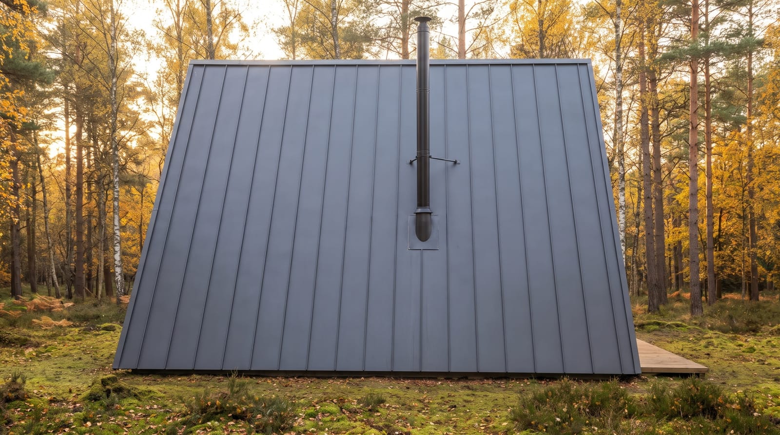 Side of the A frame house: the dark standing seam metal roof runs down to the ground, with a black wood stove chimney, in an autumn forest