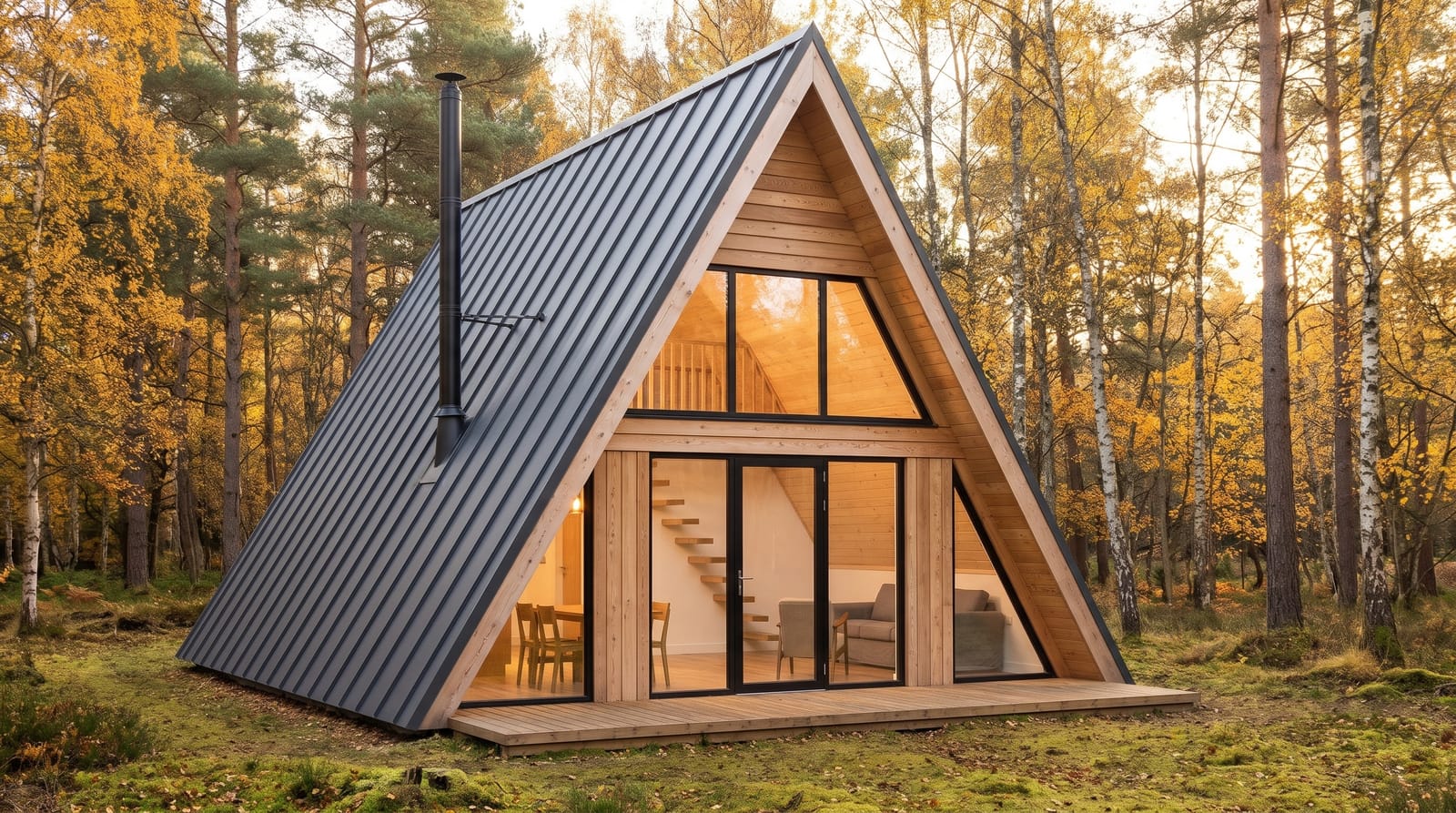 Modern A frame house with a dark standing seam metal roof, a glazed timber gable and a wooden front deck in an autumn forest